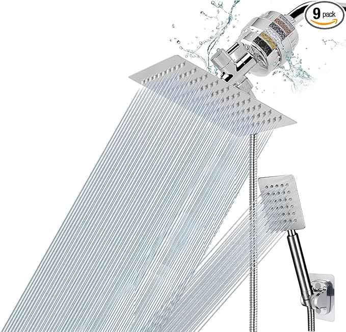 Filtered Rain Shower Head, High Pressure 8″Square, and All Metal Handheld Spray Combo with Stainless Steel Hose, Replacement 20 Stage Shower Filter for Hard Water, Chrome