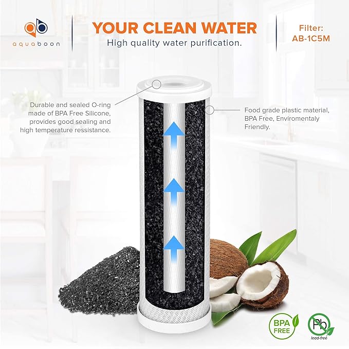 Aquaboon 5 Micron 10 x 2.5 Carbon Block Water Filter Cartridge CTO Whole House Water Filter Replacement Compatible with WHKF-WHWC, FXWTC, 2-PACK - AquaVibe