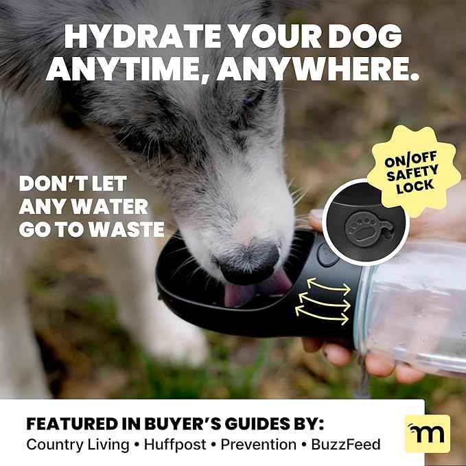 MalsiPree Dog Water Bottle Dispenser - 12 oz Black - Leak-Proof Lock & One-Hand Operation - On The Go Dog Water Dispenser - Pet Travel Bottle with Built-in Bowl, Travel & Hiking Ready