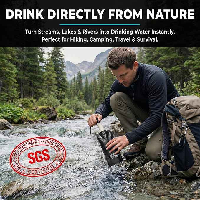Tactiko Survival 20oz/600ml Purifying Water Bottle Filter Kit - Filter 265 Gal. Water from Rivers, Lakes & Streams - SGS Certified - UF Membrane, Activated Carbon - Camping, Hiking, Emergency (Black)
