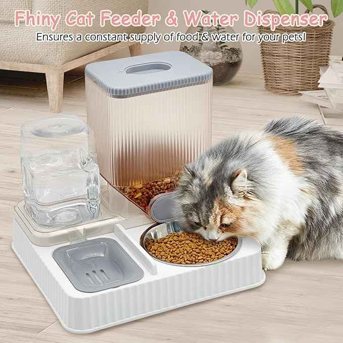 Fhiny Gravity Cat Feeder & Water Dispenser, 2 in 1 Automatic Puppy Waterer Removable Stainless Steel Food Bowls Set Self Feeding Pet Food Storage for Cat Kitten Puppy Easy Clean (Grey)