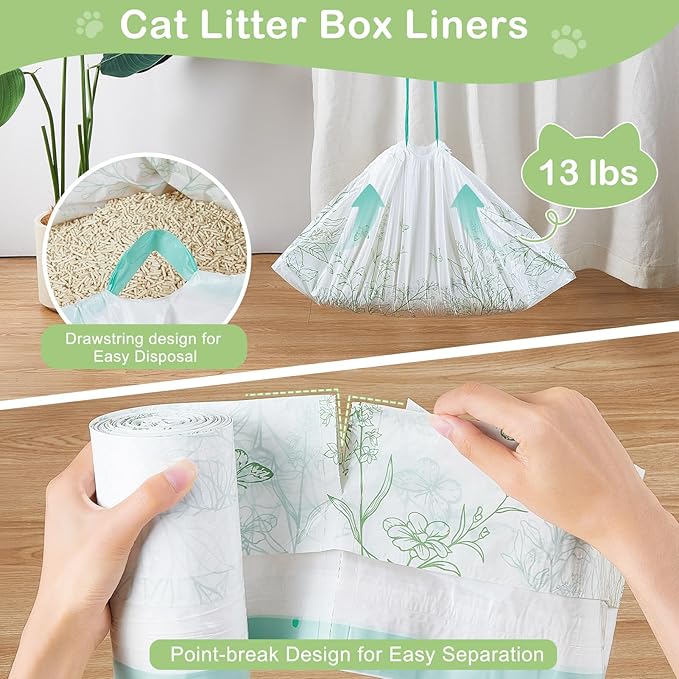 Glittme Cat Litter Box Liners, 60 Count Large Capacity Cat Litter Bags for Automatic Litter Robot 3/4, Thick Cats Kitty Litter Bags with Drawstring - AquaVibe