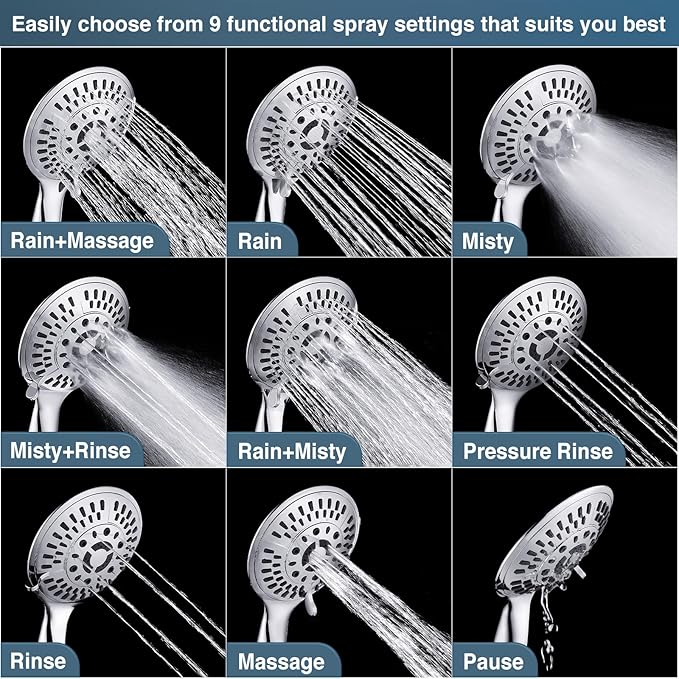 BRIGHT SHOWERS 9 Spray Settings Shower Head with Handheld High Pressure Hand Held Showerhead with 60 Inch Stainless Steel Hose and Adjustable Overhead Bracket, Chrome - AquaVibe