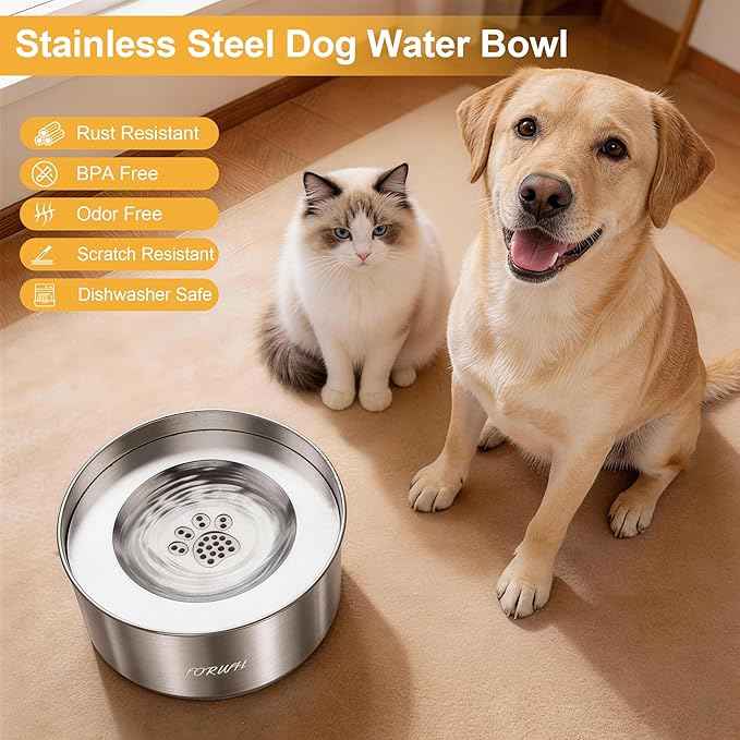 Stainless Steel Dog Water Bowl No Spill, 101oz/3L Large Capacity Pet Water Dispenser with Floating Disk, Non-Slip Slow Drink Feeder for Cat, Anti-Gulping & Splash Proof for Travel, Car & Home