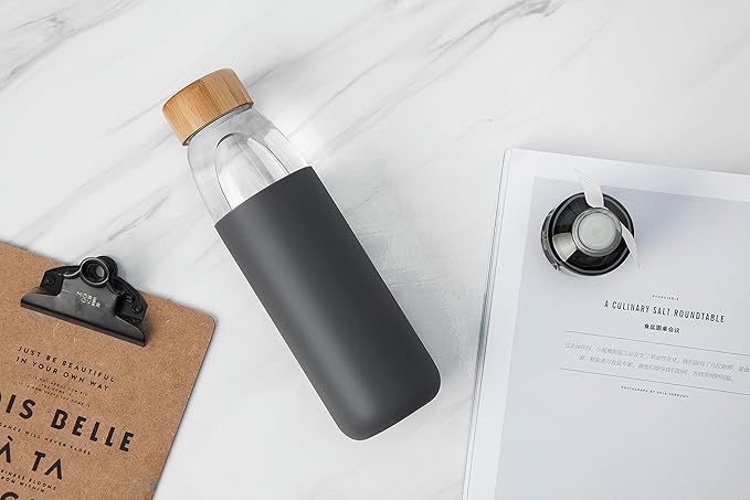 veegoal 18 Oz Borosilicate Glass Water Bottles with Bamboo Lid, BPA-FREE, Non-Slip Silicone Sleeve, and Stainless Steel Leak Proof Lid - Reusable Glass Bottle for Men and Women