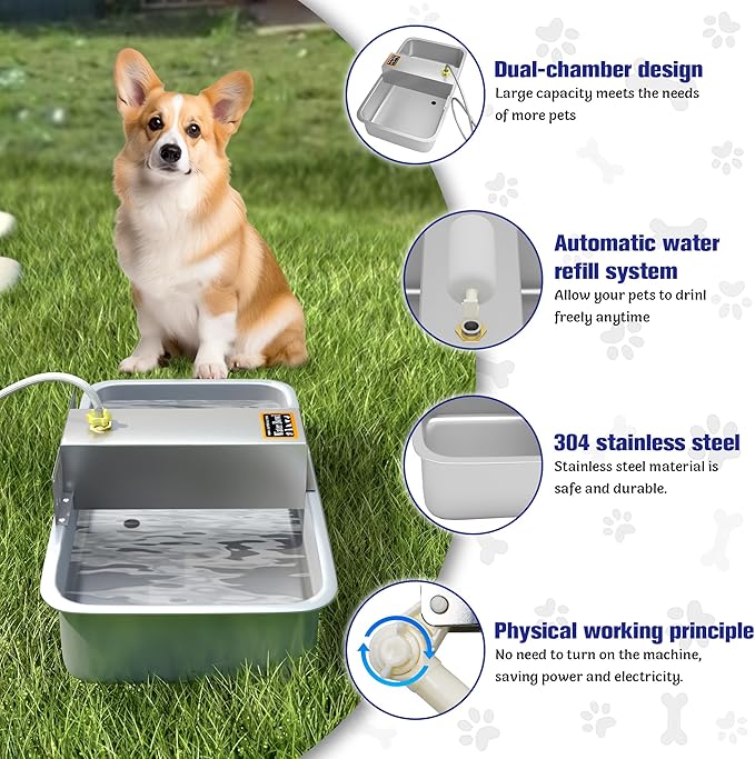 Automatic Dog Water Fountain 6.5L Large Capacity - 304 Stainless Steel Double-Chamber, Anti-Tip Dog Water Fountain Wall/Ground Installation, Indoor/Outdoor Use, Easy-Clean for Multiple Pets