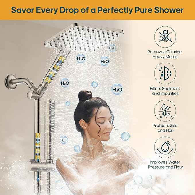 Filtered Shower Head with Handheld Spray Combo High Pressure Rain Shower Head Dual Shower Head with Filters - Removes Chlorine Height Adjustable & Built-in Power Wash (Brushed Nickel)
