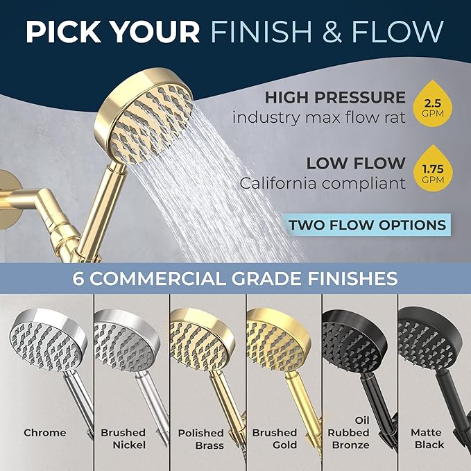 HammerHead Showers® Solid Metal Handheld Shower Head with Hose and Brass Holder - POLISHED BRASS - 2.5 GPM High Pressure Shower Heads with Adjustable Shower Wand Bracket - 6ft Flexible Extension
