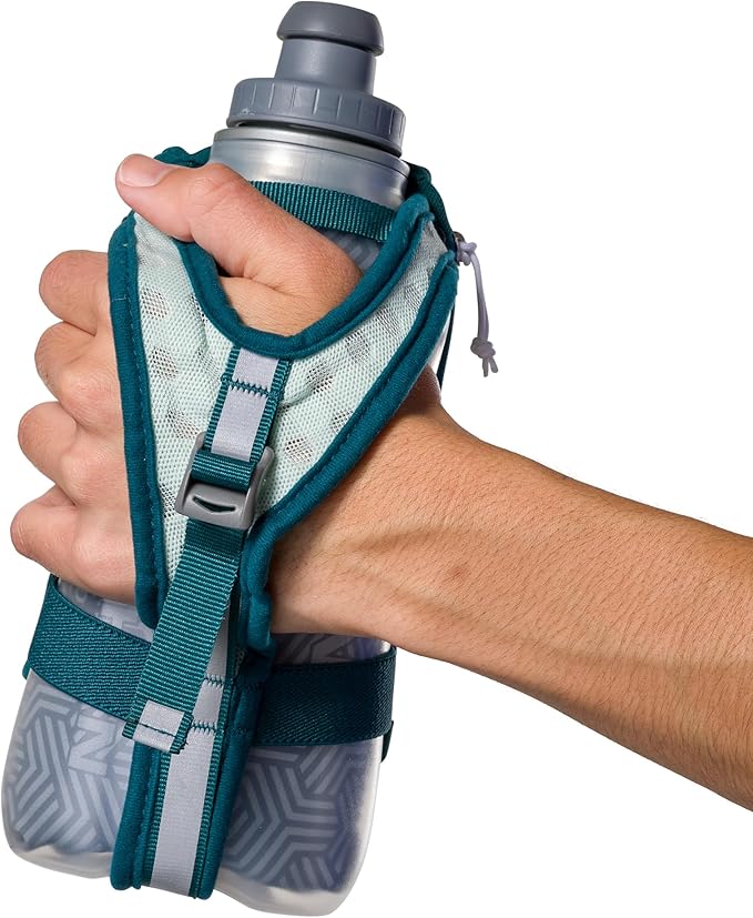 Nathan SpeedDraw 2 Insulated Handheld Running Water Bottle Flask – Double-Wall Insulation, Ergonomic Grip, Blast Valve Cap, Phone & Key Storage Pockets, Reflective Design - 18oz Insulated - Deep Teal