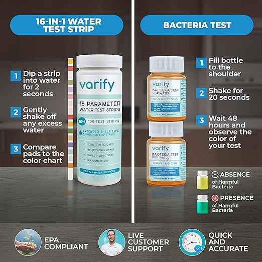 Varify 17in1 Complete Drinking Water Test Kit - 100 Strips + 2 Bacteria Tester Kits - Well, Tap, Home, City Water Testing Strip for Lead, Alkaline, Chlorine, Hardness, Iron, Fluoride, Copper & More