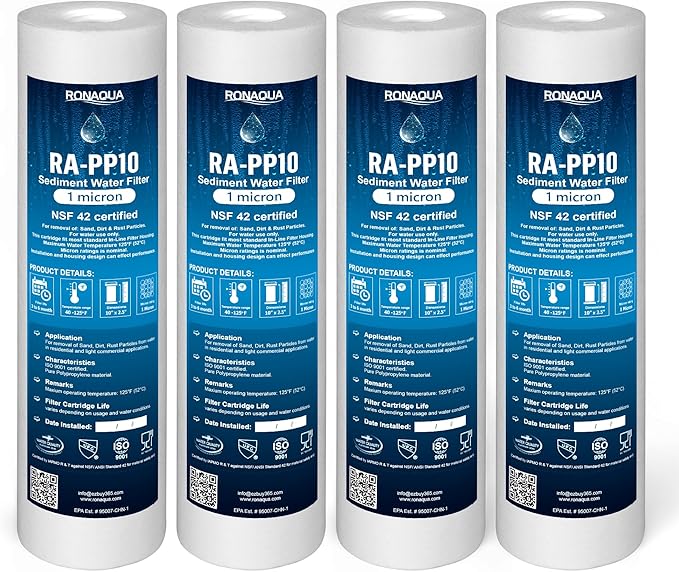 Ronaqua 1 Micron Sediment Water Filter Cartridge 10"x2.5", NSF Certified, 4-Layer Filtration for any 10-inch RO Units & Whole House Systems, Compatible with Culligan P5, AP110, WHKF-GD05, 4 Pack