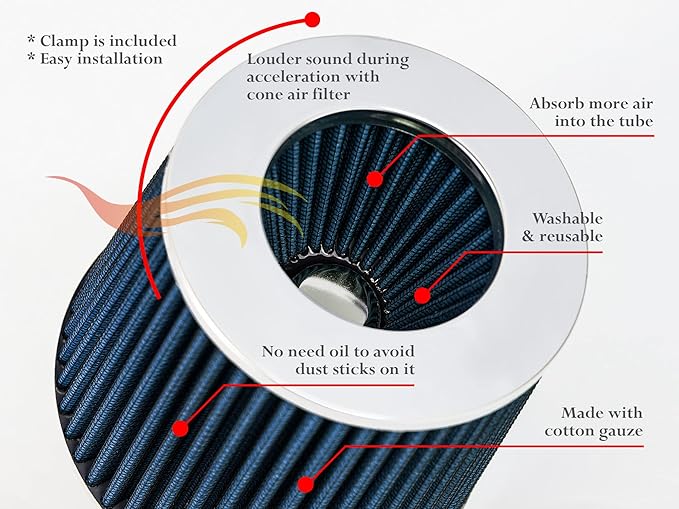BLUE 3.25" 82.5 mm Inlet Cold Air Cone Replacement Performance Washable Clamp-On Dry Air Filter