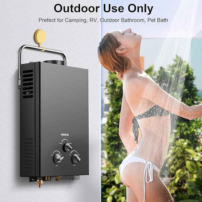 Outdoor Tankless Propane Water Heater 1.58GPM 6L Portable Gas Water Heater with Handle & Overheating Protection, Instant Hot Water for Camping RV Cabin Boat Barn - Black