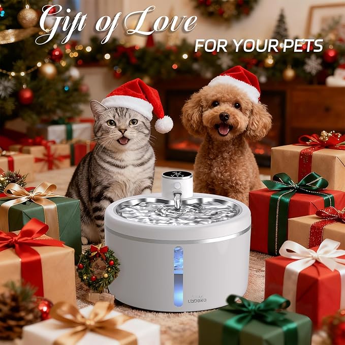 Wireless Cat Water Fountain with Stainless Steel Tray, 102oz/3L Pet Water Fountain for Cats Inside, Cat Fountain for Drinking with Motion Sensor, Ultra Quiet Pump, Cats & Dogs Gifts (White)