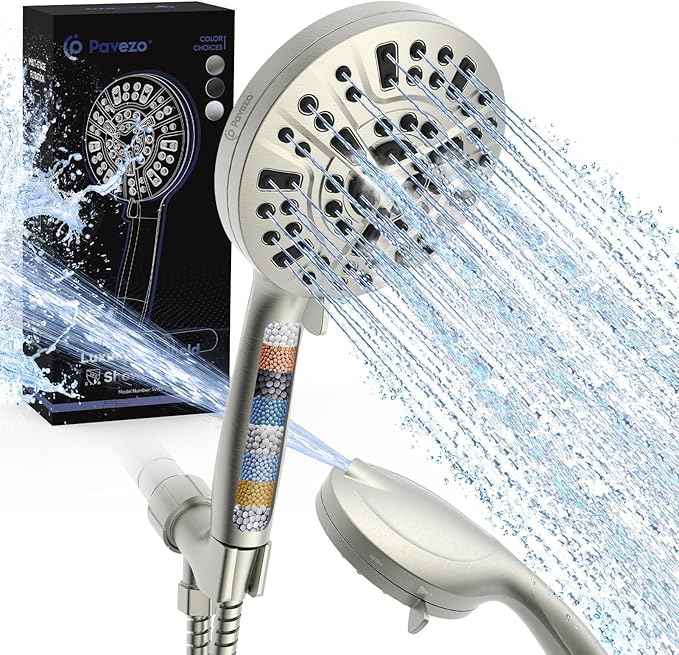 Pavezo® High Pressure Shower Head Handheld 5" Large, 10-mode Portable Detachable Shower Head with Hard Water Filter, Extra Long 60" SS Hose, Anti-clog & Powerful to Clean Tile & Pets, Brushed Nickel