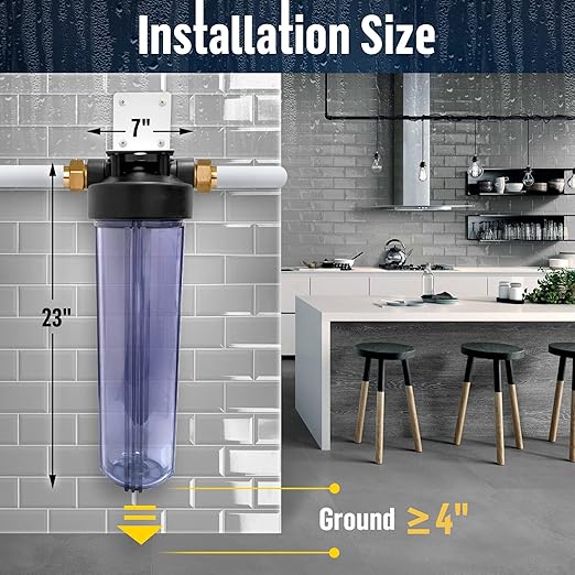 High Capacity 20 x 4.5” Whole House Filter Purifier System for Well or City Water, Presser Relief Button, 1” NPT Brass Port, Double O-Ring, Meets NSF Standards & Regulations (Transparent, 1 Set)