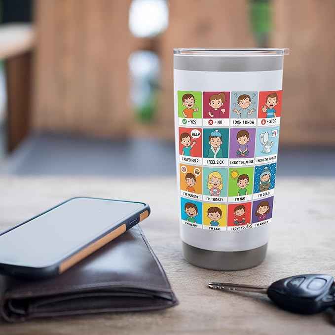 Autism ACC Communication Non Verbal Visual Aid Autistic Kids Stainless Steel Insulated Tumbler
