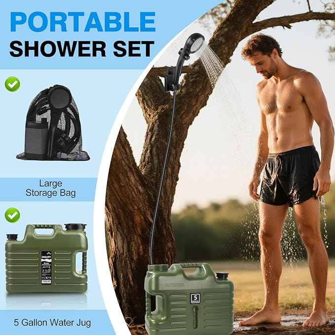 Portable Camping Shower with 5 Gallon Water Jug, 6000mAh Rechargeable Outdoor Camping Shower Kit, IPX7 Waterproof Pump BPA Free Water Containers Camp Essentials