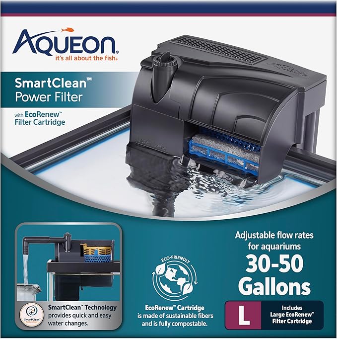 Aqueon SmartClean Power Filter with EcoRenew Filter Cartridge, Quick and Easy Water Changes, Quiet Operation, Adjustable Flow, for 30-50 Gallon Freshwater and Saltwater Aquariums, Large - AquaVibe