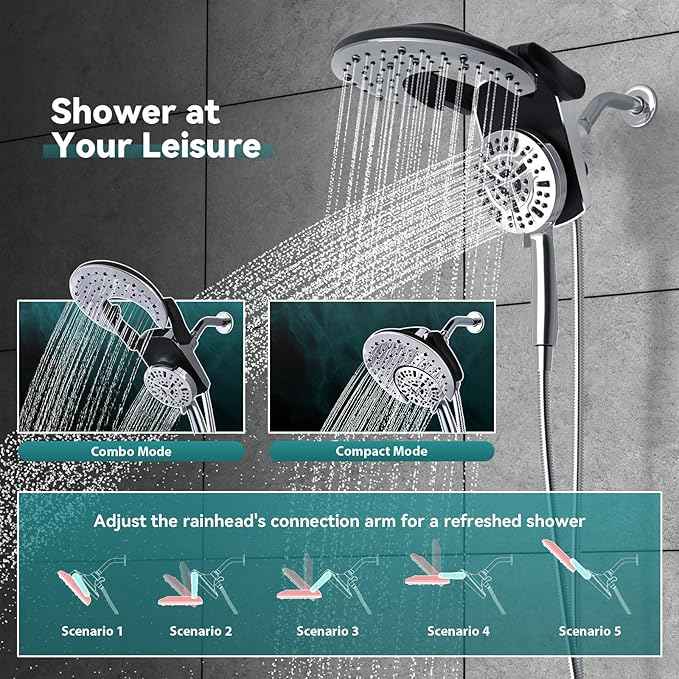 Rain Shower Head with Handheld: Foldable High Pressure Shower Heads with Handheld Spray Combo, 9 Spray Settings/Modes Hand Held Showerhead Dual Rainfall Shower Head Built-in Magnetic Docking and Jets
