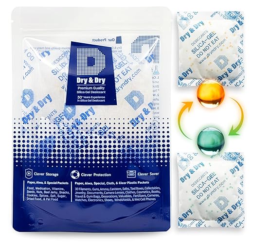 Dry & Dry Orange Indicating Silica Gel Packets Desiccants - Food Safe Silica Gel, Desiccant Packs for Food Storage - 6 Packets (50 Gram)