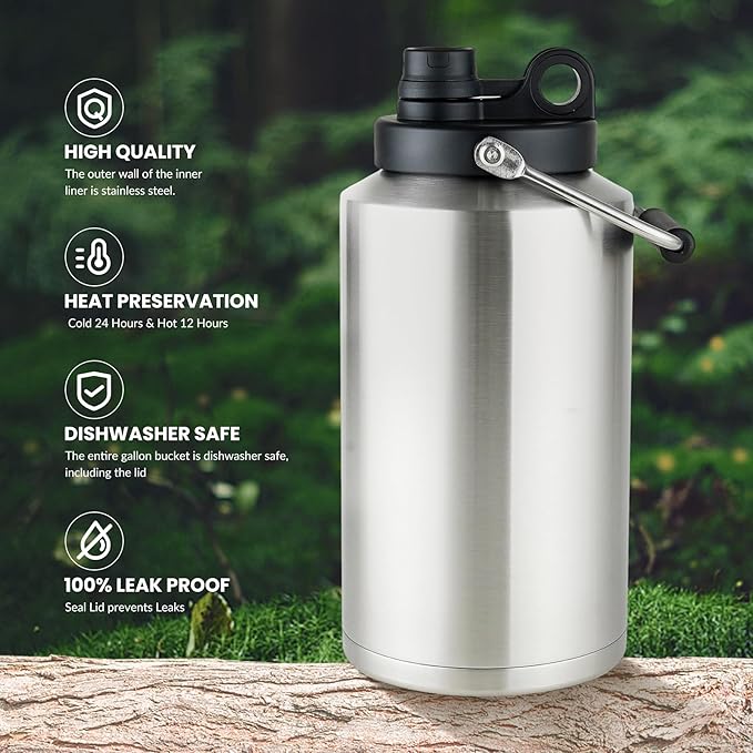 (Set of 2) 1 Gallon Water Bottle Insulated Stainless Steel Keeps Ice 48Hr, Large Water Gallon Jug Wide Mouth Leakproof Vacuum for Gym, Camping, & Construction