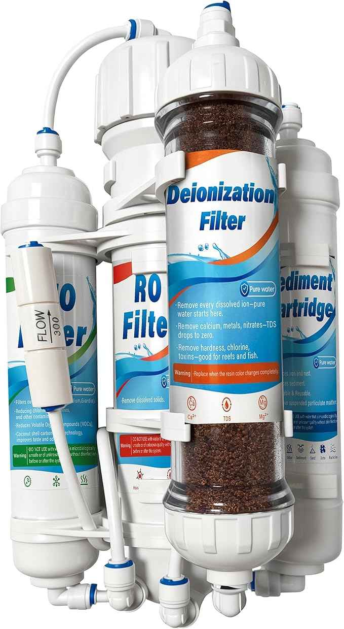 4 Stage Reverse Osmosis/Deionization Water Fliter System, 50 GPD Tankless Reverse Osmosis Water Filtration System for Aquarium with DI Water Filter