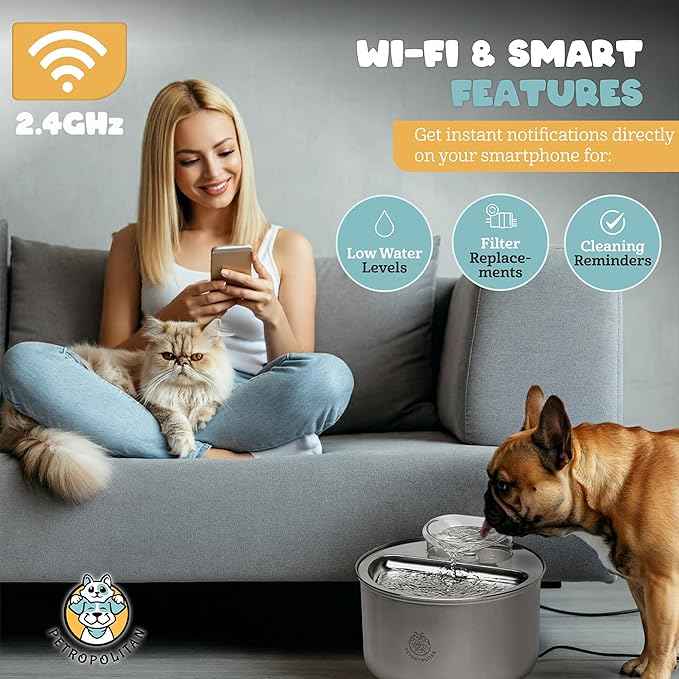 Smart Stainless Steel Cat Water Fountain – 3.5L/118oz Automatic Pet Water Dispenser for Cats & Dogs, Wi-Fi App Control, Ultra-Quiet Pump, 2 Extra Filters, Indoor Cat Fountain for Drinking