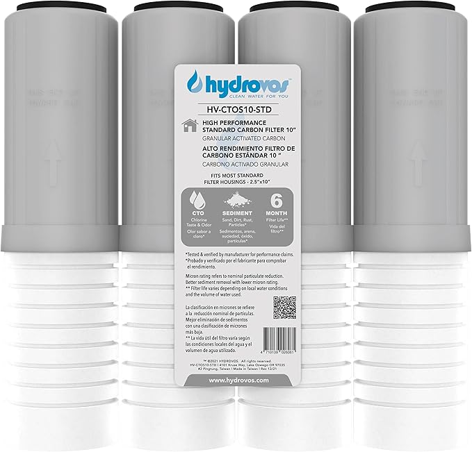 HYDROVOS 10" x 2.5" Whole House Water Filter, CTO Carbon Water Filter Replacement, High Efficiency 2-in-1 GAC & PP Removes Sediment, Chlorine, Pack of 4