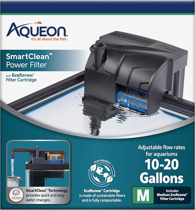 Aqueon SmartClean Power Filter with EcoRenew Filter Cartridge, Quick and Easy Water Changes, Quiet Operation, Adjustable Flow, for 10-20 Gallon Freshwater and Saltwater Aquariums, Medium - AquaVibe