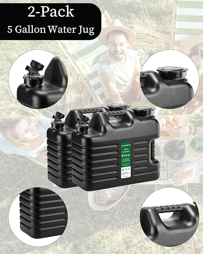 UPWOIGH 5 Gallon Water Jug Set of 2, Camping Water Container, Truly No Leakage Water Storage, Large Military Black Water Tank,BPA Free Portable Emergency Overlanding Gear for Outdoors Hiking