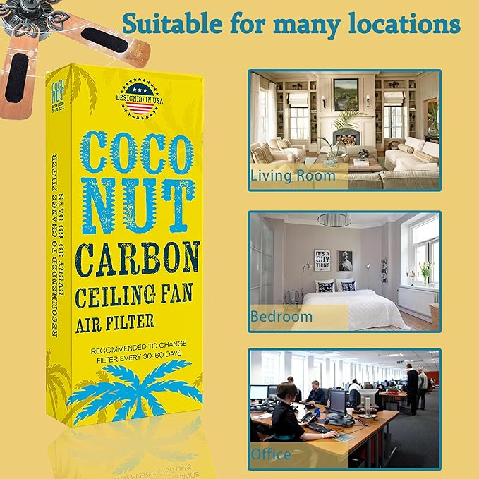 Ceiling Fan Filters for Blades, Ceiling Fan Filter, Unscented Activated Coconut Shell Carbon Ceiling Fan Air Filter-Easy-Stick Ceiling Fan Air Filters, Universal Ceiling Fan Blade(6 Pack)