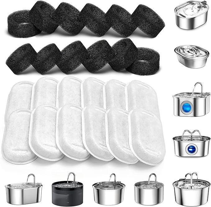 SOOFPET Cat Water Fountain Filters: 24 Pack Pet Fountain Filters, Replacement Filter for 67oz/2L&108oz/3.2L Stainless Steel Cat Fountains (12 Filters&12 Sponges)