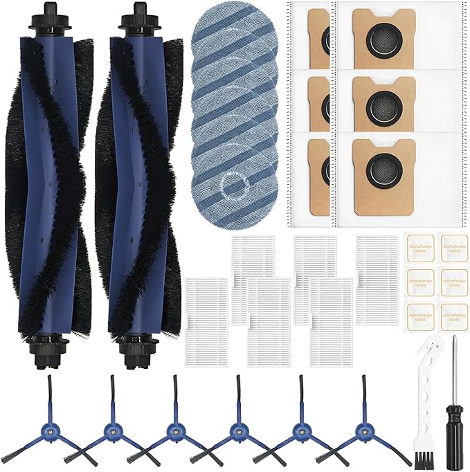 34 Pack for eufy Vacuum Omni C20 Accessories Kit，2 Mainbrush 6 Filter 6 Dust Bag 6 mop pads 6 Sidebrush 1Cleaning Brush 1Screwdriver,6 Sachet - AquaVibe