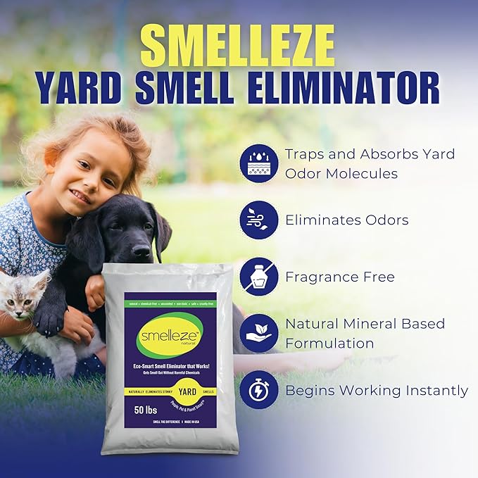 SMELLEZE 50 lb. Yard Odor Eliminator for Dogs – Long-Lasting Turf Cleaner for Pet Urine Outdoor & Poop | Safe for People, Pets, Plants & Planet | Works on Grass, Gravel, Patios & Kennels