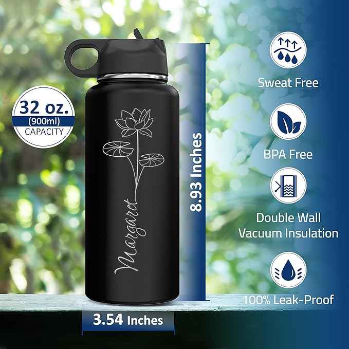 Custom Personalized Birth Flower Your Name Vertical Insulated Stainless Steel Water Bottle with Flip Top Lid & Straw Gift for Her 32 oz.