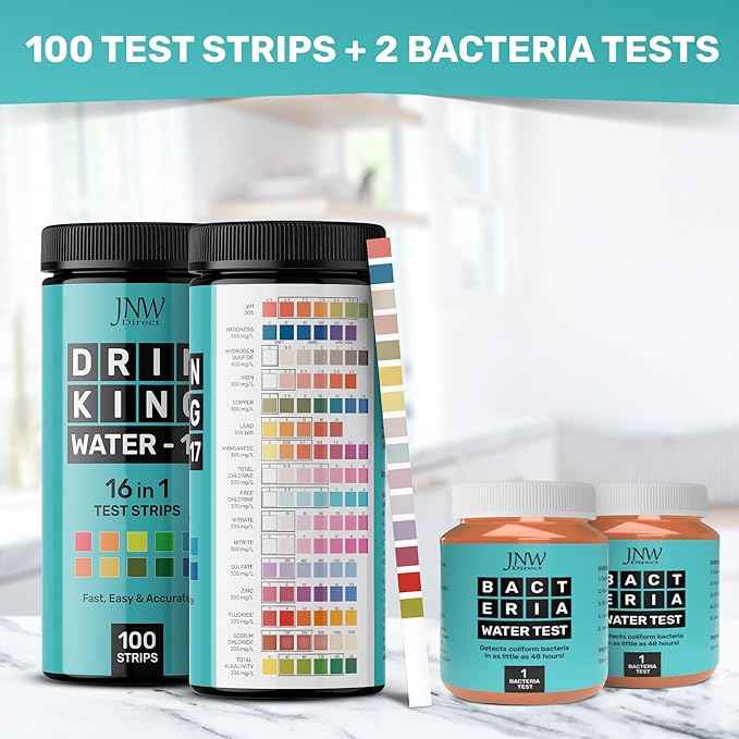 JNW Direct 17-in-1 Drinking Water Test Kit - 100 Strips + 2 Bacteria Tester Kits - Well, Tap, Home, City Water Testing Strip for Lead, Alkaline, Chlorine, Hardness, Iron, Fluoride, Copper & More