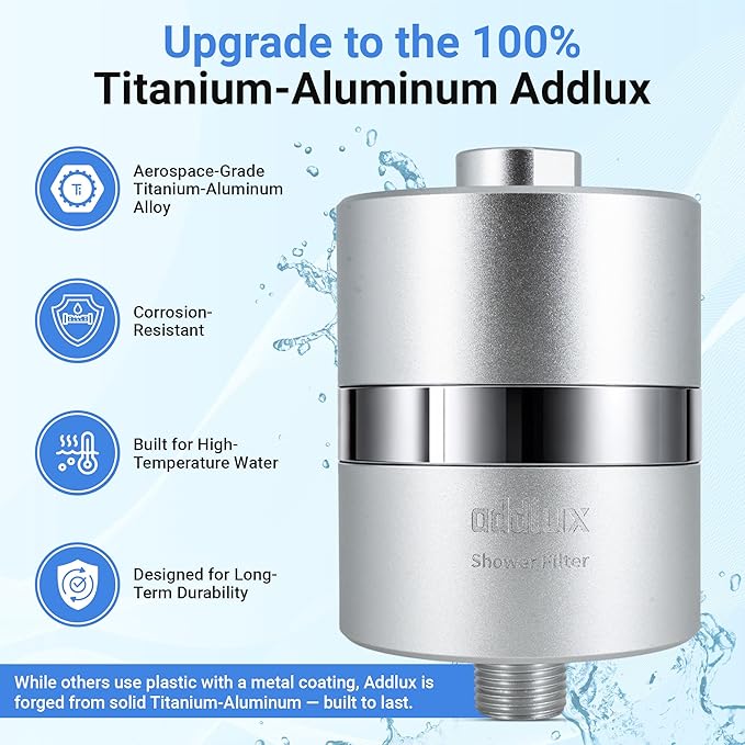 ADX-PRO-7 Long Lasting Titanium Aluminum Shower Filter – Independently Tested to NSF/ANSI 177 Standards, Reduces 99% Chlorine & Heavy Metals, Water Filter (Black, 2 Cartridges & Tool Kit)