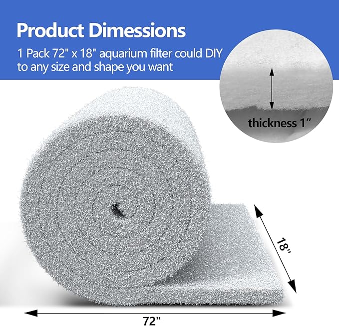 Classic Koi Pond Filter Pad, 18” x 72" Thick Aquarium Filter Floss Roll Reusable Cut to Fit Aquarium Media Pad for Outdoor Koi Ponds, Aquariums, Fish-Safe Polyester Material