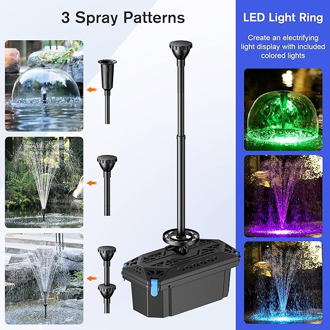 NFESOLAR Pond Filter with Fountain Pump Kits, 660GPH Pond Filter Fountain with Colorful Lights, Multi-layer Filtration, for Outdoor Ponds Up to 2000 Gallons, Fish Tank, Waterscape - Corded Electric