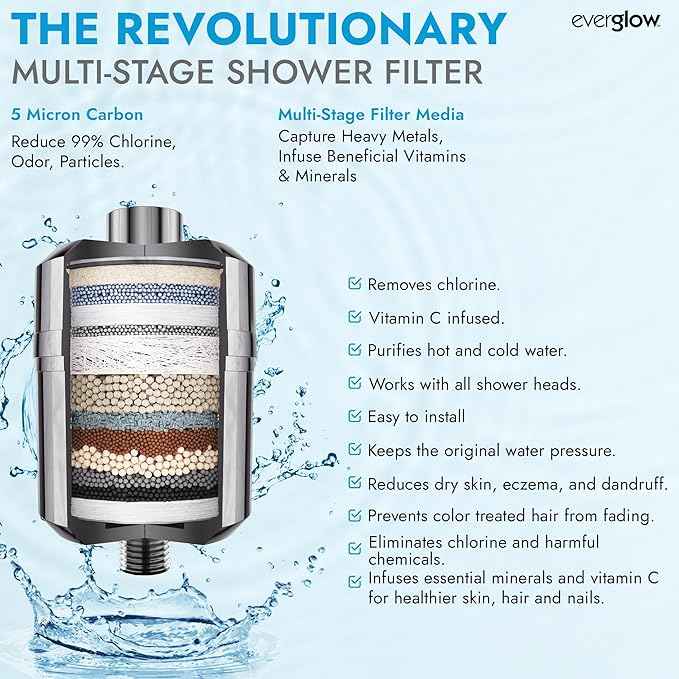 EVERGLOW High-Output Shower Filter, Reduces Chlorine, Dry Skin, Dandruff, Eczema, Heavy Metals and Vitamin C Infused for Dandruff and Softens Hard Water, 4.7”, Chrome