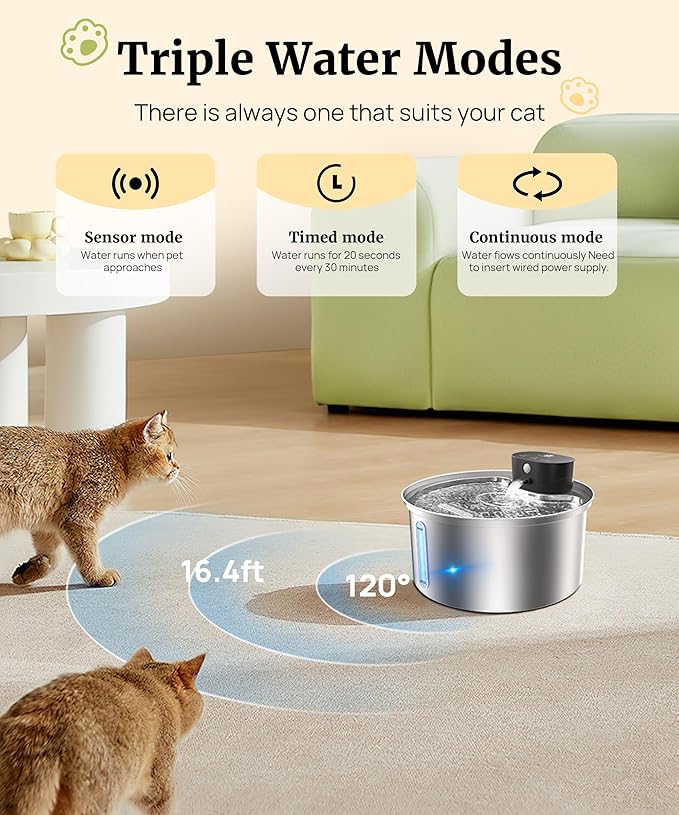 Wireless 3.2L/108oz Stainless Steel Cat & Dog Water Fountain – Cordless Pet Dispenser with Ultra-Quiet Pump, Motion Sensor, Easy-to-Clean Hygienic Design, Encourages Hydration, Multi-Pet Homes