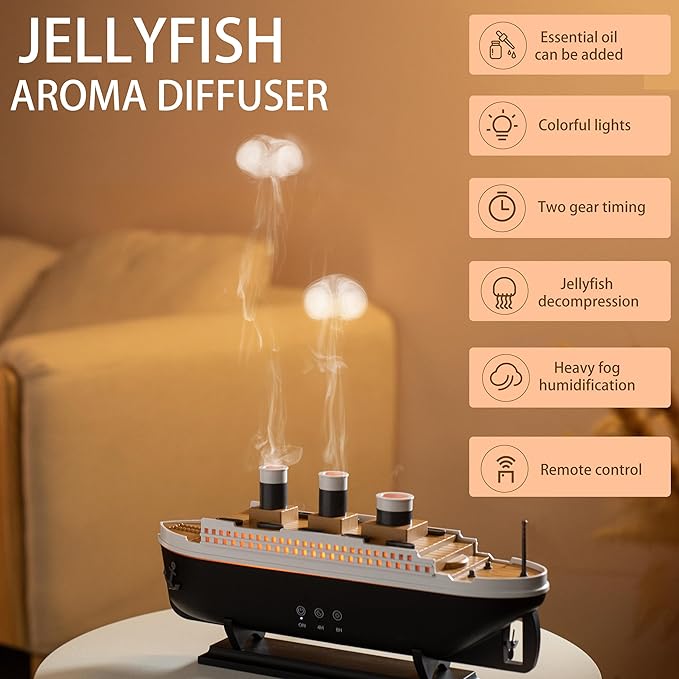 Essential Oil Diffuser, 250ml Ship Modelling Aromatherapy Ship Oil Diffuser Cool Mist Humidifier with Remote 2 Spray Mode Auto Shut-Off for Home Office(Black)
