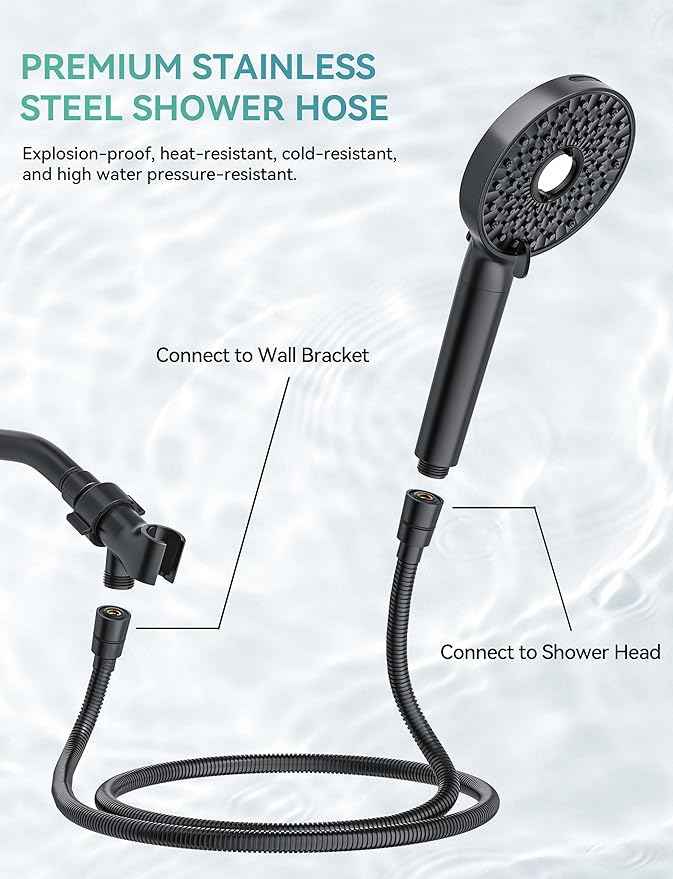 Filtered Shower Head with Handheld, High Pressure 10-Spd Detachable Chrome Showerhead with Stainless Hose, Water Softener Filter Beads for Hard Water - Remove Chlorine, Black