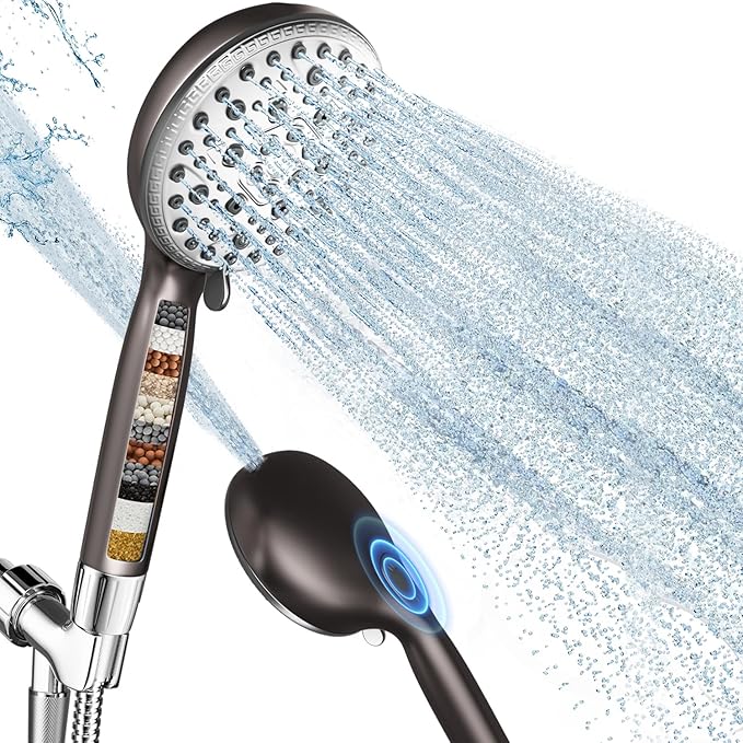 Filtered Shower Head with Handheld,7 Spray Settings High Pressure Showerhead Built in Power Wash to Clean Tub, Tile & Pet, Showerhead with Filters for Hard Water - Remove Chlorine, (Gray) - AquaVibe