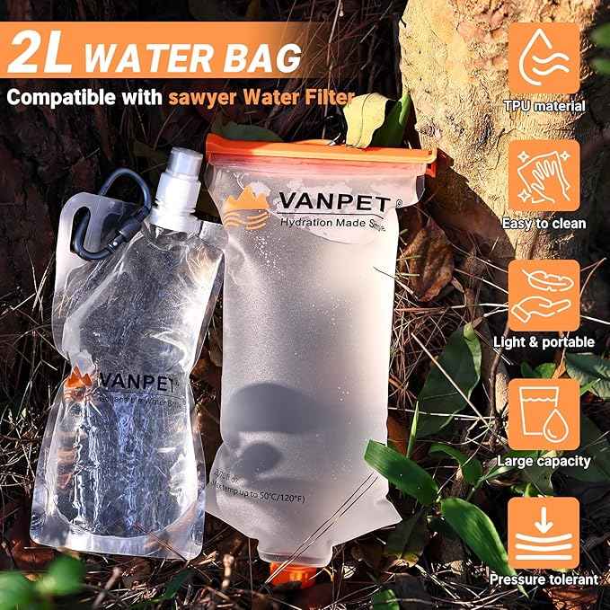 2L&1L Water Bag Compatible with Sawyer Squeeze Water Filter, Durable TPU Material, BPA & PVC Free Squeeze Pouch, Collapsible Hydration Canteens for Camping Hiking Cycling