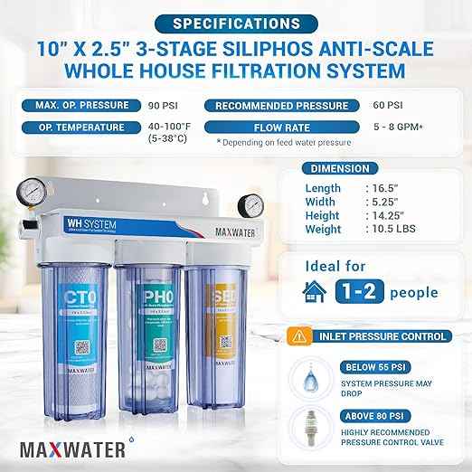Max Water 3 Stage (Good to Protect Home from Scale & Corrosion) 10 inch Standard Water Filtration System for Whole House - Sediment + Anti Scale + CTO Post Carbon - 3/4" Inlet/Outlet - Model : WH-SC1