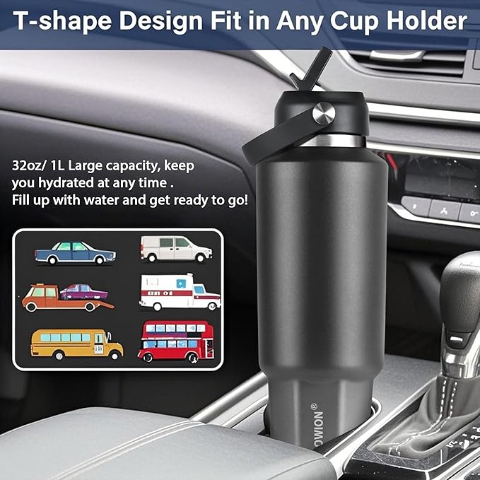 HYDROWION 32 oz Insulated Water Bottle, Car Water Bottle Holder - Double Wall Vacuum Insulated Travel Bottle with Straw Lid, Spout Lid and Flex Cap - Cold for 24H, Hot for 12H, Black - Grey