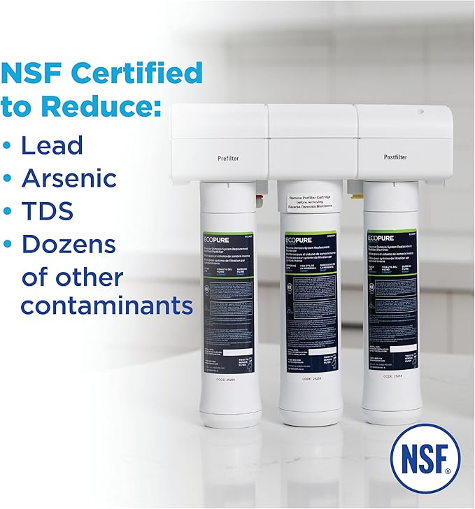 EcoPure ECOP30 Premium Reverse Osmosis System – Under Sink Drinking Water Filter System – NSF-Certified – Reduces Lead, Chlorine, and TDS –Bottled-Quality Water – Easy Filter Changes