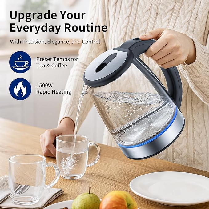 Electric Kettle Glass 2L, 1500W Fast Boiling Hot Water Boiler with Auto Shut-Off, LED Light, BPA-Free, Borosilicate Glass, Stainless Steel Interior, Wide Opening, Cordless Tea Kettle